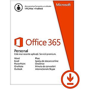 Office 365 Personal, Abonament anual, 1 utilizator, Multi Language, 1 PC/MAC + 1 Tableta/Smartphone, Licenta ESD (Electronica) imagine