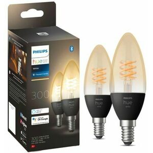 Pachet 2 becuri LED inteligente vintage Philips Hue Filament Candle, Bluetooth, Zigbee, E14, 4.5W (28W), 300 lm, lumina alba calda (2100K) imagine