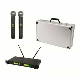 Set 2 microfoane wireless si receiver, 100 m, ecrane LCD, servieta aluminiu, Sal imagine
