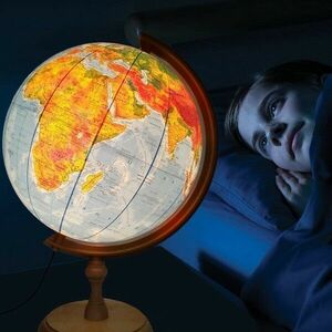 Glob geografic iluminat, harta politica si fizica, suport lemn, fus orar, diametru 32 cm imagine