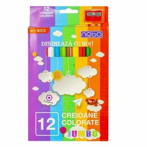 Creioane colorate Jumbo, pigmenti intensi, corp gros din lemn, ascutitoare inclusa, set 12 culori imagine
