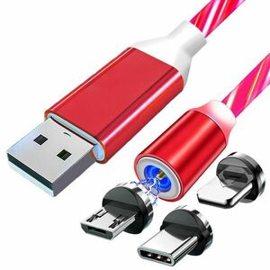 Cablu magnetic 3 in 1, microUSB/USB type-C/Lightning, iluminare led, rosu imagine