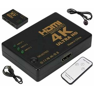 Splitter HDMI cu telecomanda, 3 porturi, full HD, 4K, 19 pini, 50/60Hz, 5V, 80g, 8 x 5, 7 x 1, 7cm, negru imagine