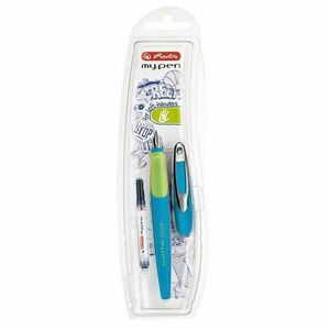 Stilou My Pen, penita L, zona ergonomica, clips metalic, albastru-verde neon imagine