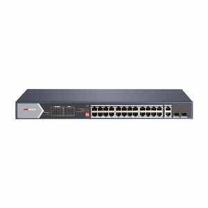Switch cu 24 porturi Gigabit Hikvision DS-3E0528HP-E, 2 porturi fibra optica, 56 Gbps, 41.664 Mpps, 8000 MAC, PoE, fara management imagine
