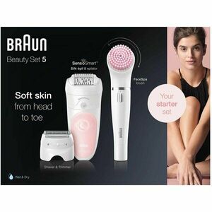 Epilator Braun Silk-epil Beauty Set 5 5895 Starter Kit 5-in-1, Tehnologie SensoSmart, Cap de ras, Set pentru curatare fata si corp, Alb/Roz imagine