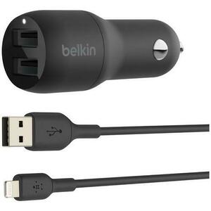 Incarcator auto Belkin, Boost Charge, Dual, USB-A 24W + cablu USB-A la lightning, Negru imagine