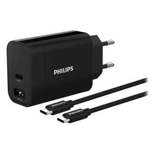 Incarcator Retea Philips PH-DLP2621C/1, 30W, 1x USB-A, 1x USB Type-C, Cablu USB Type-C 1m (Negru) imagine