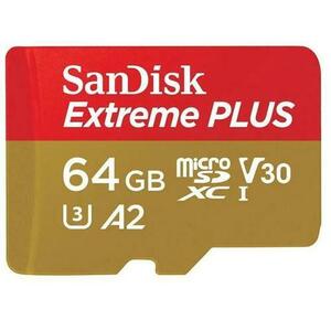 Card de memorie SanDisk Extreme Plus SDSQXBU-064G-GN6MA, MicroSDXC, 64GB, UHS-I U3, Clasa 10, V30 + Adaptor SD imagine