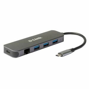 Hub extern D-LINK, porturi 3 x SuperSpeed USB 3.0, 1 x USB-C with data sync & power delivery up to 60W, 1 x RJ-45 Gigabit, conectare prin USB Type C, cablu 10 cm, metalic, Argintiu imagine