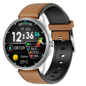 Smartwatch iSEN Watch M3 cu bratara maro deschis din piele, Ecran 1.3inch, Bluetooth Call, Waterproof IP68, 240mAh, HR, Tensiune, Notificari, Muzica (Argintiu) imagine