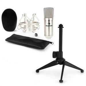 Auna CM001S, set microfon, adaptor microfon, microfon cu condensator, argintiu imagine