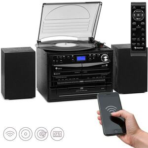 Auna 388-DAB+, sistem stereo, 20 W max., discuri, CD-uri, casete, BT, FM / DAB +, USB, negru imagine