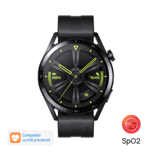 Smartwatch Huawei Watch GT 3 Active, Display AMOLED 1.43inch, 32MB RAM, 4GB Flash, Bluetooth, GPS, Carcasa Otel, Bratara Fluoroelastomer , Rezistent la apa, Android/iOS (Negru) imagine
