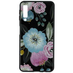 Just Must Glass Diamond Print Flowers Black Background JMGDPA718GFLBKB pentru Samsung Galaxy A7 2018 (Multicolor) imagine