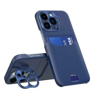Husa Lemontti Leather Stand compatibila cu iPhone 14 Pro, Albastru, cu suport pentru card imagine