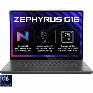 Laptop Gaming ASUS ROG Zephyrus G16 GU605MI cu procesor Intel® Core™ Ultra 7 155H pana la 4.8 GHz, 16, QHD+, OLED, 240Hz, 32GB DDR5, 1TB SSD, NVIDIA® GeForce RTX™ 4070 8GB GDDR6, Windows 11 Pro, Eclipse Gray imagine