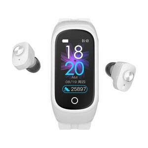 Ceas Smartwatch 2 in1 Techstar® N8 cu Casti Wireless, Ecran tactil de 0, 96 inch, Bluetooth, MP3, Waterproof, Apelare, Oxigen din sange, Calori, Ritm cardiac, Monitorizare somn, compatibil cu iPhone si Android, Alb imagine