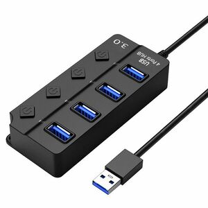 Hub USB cu 4 porturi Techstar® HUBA0701, 1 x USB 3.0, 3 x USB 2.0, indicator LED pentru putere, comutator independent, Negru imagine