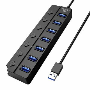 Hub USB cu 7 porturi Techstar® HUBA2401, 7 x USB 2.0, indicator LED pentru putere, comutator independent, Negru imagine