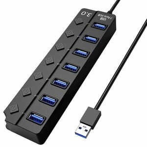 Hub USB cu 7 porturi Techstar® HUBA2402, 1 x USB 3.0, 6 x USB 2.0, indicator LED pentru putere, comutator independent, Negru imagine