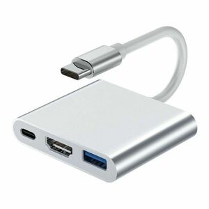 Adaptor multifunctional 3 in 1 USB-C la HDMI Techstar® DJ3IN1, HDMI 4K, 1 x USB 3.0, 1 x USB C, PD Port, Argintiu imagine