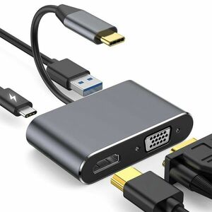 Adaptor multifunctional 4 in 1 USB-C la HDMI Techstar® DJ4IN1, HDMI 4K, VGA 1080P, 1 x USB 3.0, PD Port, Argintiu imagine