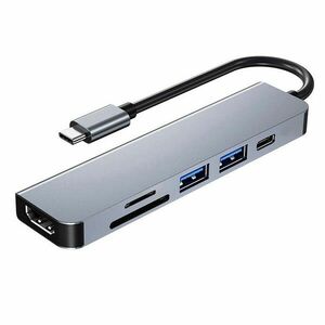 Adaptor Hub multifunctional 6 in 1 Techstar® DJ6IN1, HDMI 4K, USB-C, 1 x USB 3.0, 1 x USB 2.0, Cititor de carduri SD/TF, Aliaj de Aluminiu, Argintiu imagine