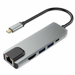 Adaptor Hub Multifunctional 5 In 1 Techstar® SFQ5IN1, HDMI 4K, USB-C, 1 X USB 3.0, 1 X USB 2.0, LAN RJ45 Ethernet, Aliaj De Aluminiu, Argintiu imagine