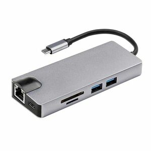 Adaptor Hub Multifunctional 8 In 1 Techstar® SFQ8IN1, HDMI 4K, VGA 1080P, USB-C, 2 X USB 3.0, LAN RJ45 Ethernet 1000Mbps, Cititor de carduri SD/TF, PD Port, Argintiu imagine