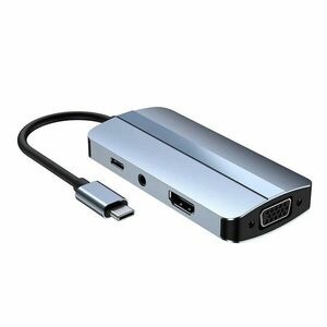 Adaptor multifunctional 7 in 1 USB-C la HDMI Techstar® CYC7IN1A, HDMI 4K, VGA 1080P, 1 x USB 3.0, 1 X USB 2.0, USB-C, AUX 3.5 mm, PD Port, Gri imagine