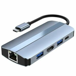 Adaptor multifunctional 7 in 1 USB-C la HDMI Techstar® CYC7IN1B, HDMI 4K, LAN RJ45 Ethernet, 1 x USB 3.0, 1 x USB 2.0, Cititor De Carduri SD/TF, PD Port, Gri imagine