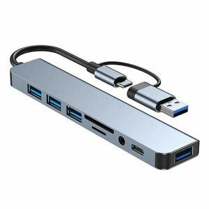 Adaptor Hub Multifunctional 8 In 2 Techstar® CYC8IN2, USB-C, 2 X USB 3.0, 3 X USB 2.0, AUX 3.5 mm, Cititor De Carduri SD/TF, Argintiu imagine