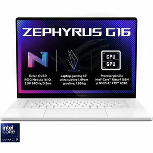 Laptop Gaming ASUS ROG Zephyrus G16 GU605MV cu procesor Intel® Core™ Ultra 9 185H pana la 5.1 GHz, 16, QHD+, OLED, 240Hz, 32GB DDR5, 1TB SSD, NVIDIA® GeForce RTX™ 4060 8GB GDDR6, Windows 11 Pro, Platinum White imagine