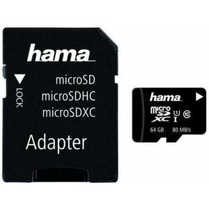 Card de memorie Hama microSDXC, 64GB, Clasa 10, pana la 80 MB/s, UHS-I + Adaptor SD imagine