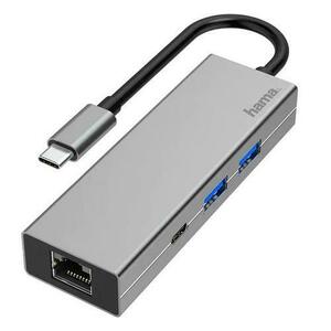 Hub USB Hama 200108, 4 porturi, 2 x USB-A, USB-C, LAN/Ethernet (Gri) imagine