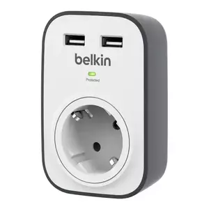 Priza Belkin cu protectie la supratensiune, pana la 306 Joules, indicator LED, 2 porturi USB 2.0, capace de siguranta, alb/gri imagine