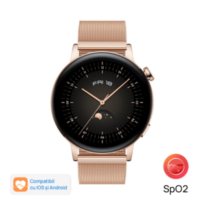 Smartwatch Huawei Watch GT 3 Elegant, Display AMOLED 1.32inch, 32MB RAM, 4GB Flash, Bluetooth, GPS, Carcasa Otel, Bratara Otel, Rezistent la apa, Android/iOS (Auriu) imagine