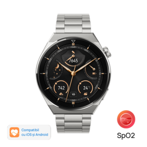 Smartwatch Huawei Watch GT 3 Pro Odin-B19M, Display AMOLED 1.43inch, 32MB RAM, 4GB Flash, Bluetooth, GPS, Carcasa titan 46mm, Bratara titan, Rezistent la apa, Android/iOS (Argintiu) imagine