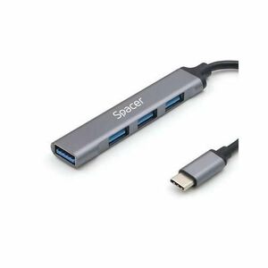 Hub USB extern Spacer, USB 3.0 X 1, USB 2.0 x 3, conectare prin TYPE-C, cablu 1m, Aluminiu (Argintiu) imagine