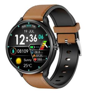 Smartwatch iSEN Watch M3 cu bratara maro deschis din piele, Ecran 1.3inch, Bluetooth Call, Waterproof IP68, 240mAh, HR, Tensiune, Notificari, Muzica (Negru) imagine