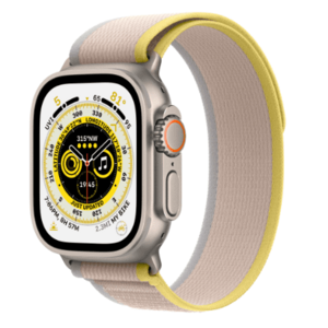 Smartwatch Apple Watch Ultra Cellular, ecran LTPO OLED, Bluetooth, Wi-Fi, GPS, Bratara textil S/M 49mm, Carcasa titanium, Rezistent la apa 10ATM (Bej/Galben) imagine