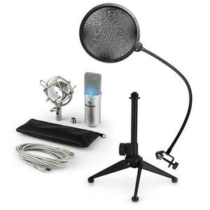 Auna MIC-900S-LED V2, set de microfon usb, microfon condensator argintiu + filtru pop + suport de masă imagine