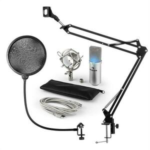 Auna MIC-900S-LED, USB, set de microfon, set V4, argintiu, microfon condensator, filtru pop, braț de microfon, LED imagine