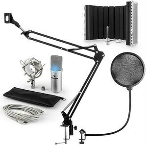 Auna MIC-900S-LED, USB, set de microfon, set V5, argintiu, microfon condensator, filtru pop, ecran acustic, braț de microfon imagine