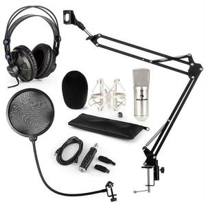 Auna CM001S set de microfon V4 microfon cu condensator, adaptor USB, curea pentru microfon, filtru pop -argintiu imagine