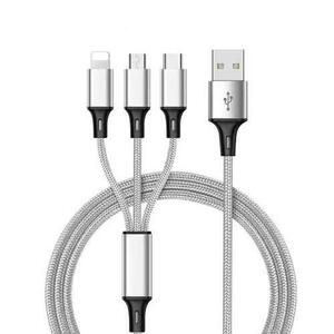 Cablu Lemontti 3 in 1 USB la Lightning, MicroUSB si Type-c, 1m, impletitura textila, Gri imagine