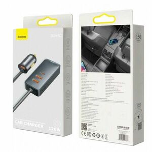 Incarcator auto, Baseus, 3 x USB, USB-C, 120 W, Gri imagine