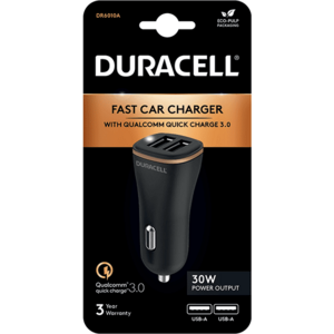 Incarcator auto Duracell, 30W, 2 x USB-A (1 x Qualcomm Quick Charge 3.0, 1 x Qualcomm Quick Charge 2.4) 5V, Negru imagine
