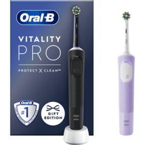 Set 2 x Periuta de dinti electrica Oral-B Vitality Pro, Curatare 2D, 3 programe, 1 Incarcator, 2 Capete, Negru/Violet imagine